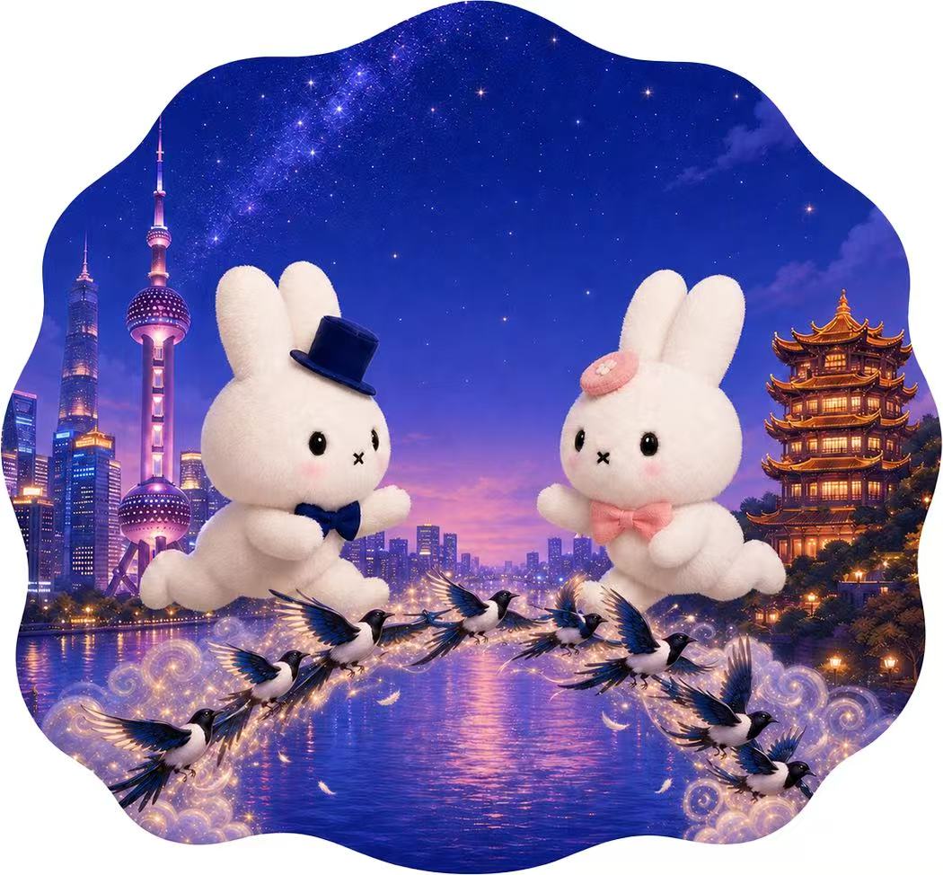 上海与武汉夜景之间，两只七夕兔子在鹊桥上相遇